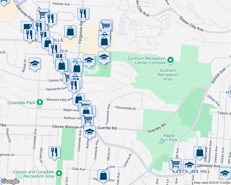 map of restaurants, bars, coffee shops, grocery stores, and more near 1714 Tuxworth Avenue in Cincinnati