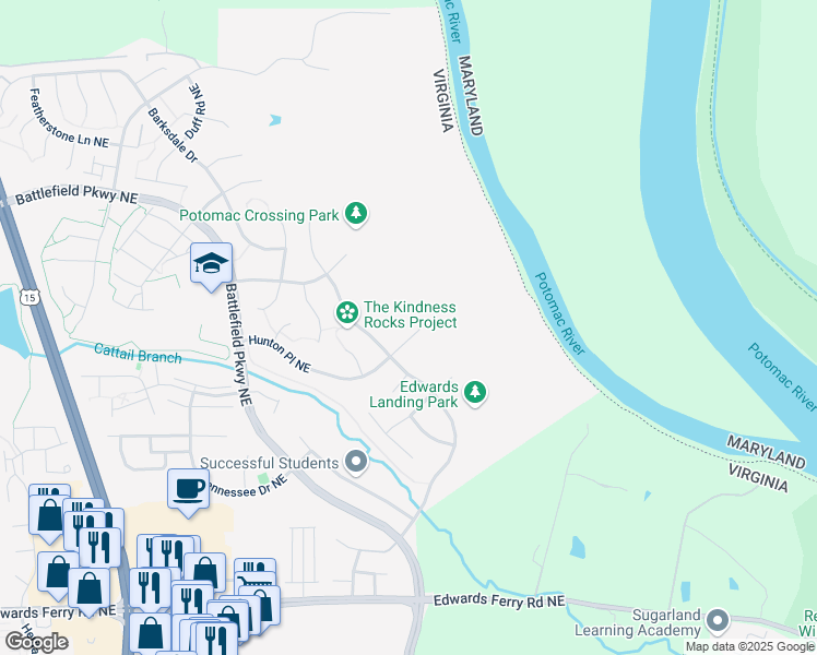 map of restaurants, bars, coffee shops, grocery stores, and more near 607 Hunton Place Northeast in Leesburg