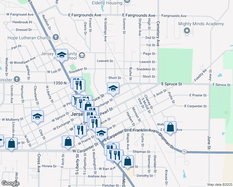 map of restaurants, bars, coffee shops, grocery stores, and more near 201 North Giddings Avenue in Jerseyville