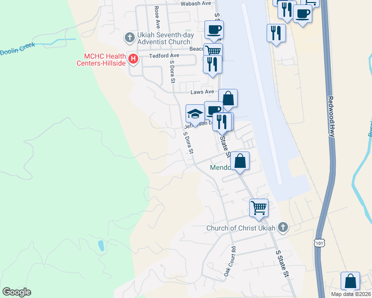 map of restaurants, bars, coffee shops, grocery stores, and more near 2020 South Dora Street in Ukiah