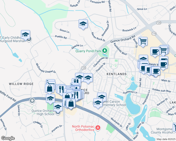 map of restaurants, bars, coffee shops, grocery stores, and more near 205 Ridgepoint Place in Gaithersburg