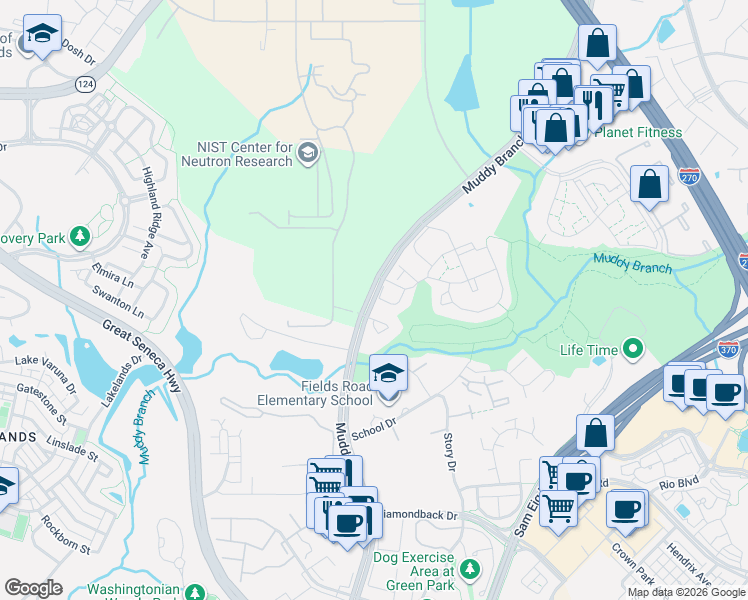 map of restaurants, bars, coffee shops, grocery stores, and more near 409 Muddy Branch Road in Gaithersburg