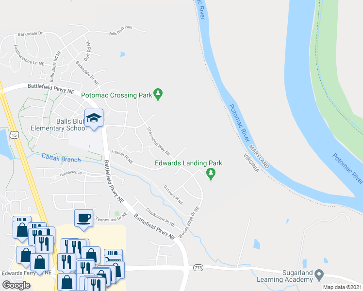 map of restaurants, bars, coffee shops, grocery stores, and more near 607 Hunton Place Northeast in Leesburg
