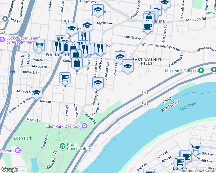 map of restaurants, bars, coffee shops, grocery stores, and more near 2315 Upland Place in Cincinnati