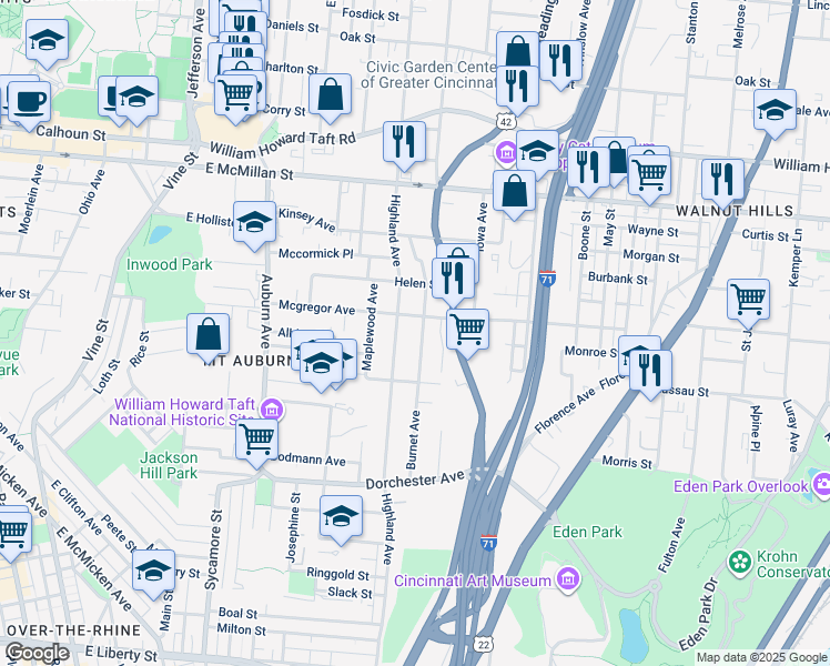 map of restaurants, bars, coffee shops, grocery stores, and more near 322 Mcgregor Avenue in Cincinnati