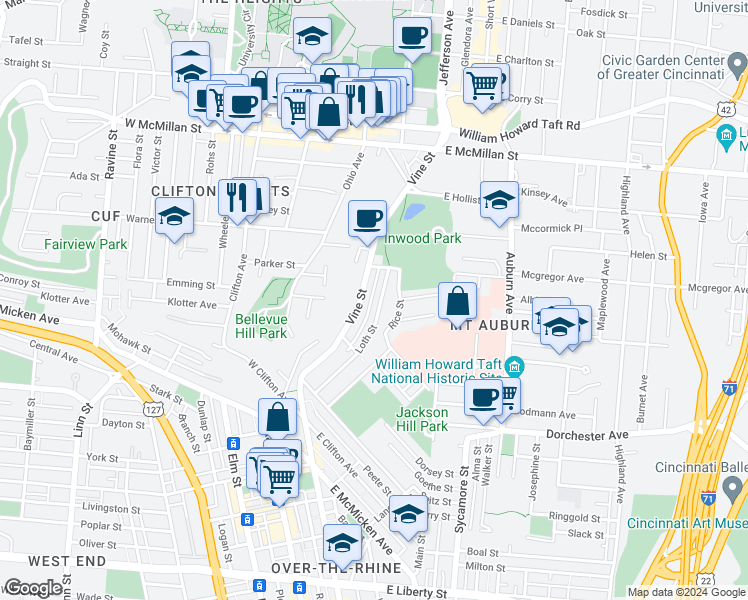 map of restaurants, bars, coffee shops, grocery stores, and more near 2266 Vine Street in Cincinnati