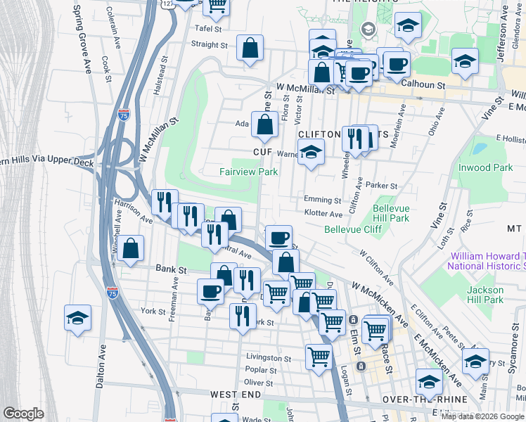 map of restaurants, bars, coffee shops, grocery stores, and more near in Cincinnati
