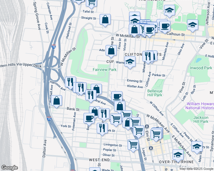 map of restaurants, bars, coffee shops, grocery stores, and more near in Cincinnati