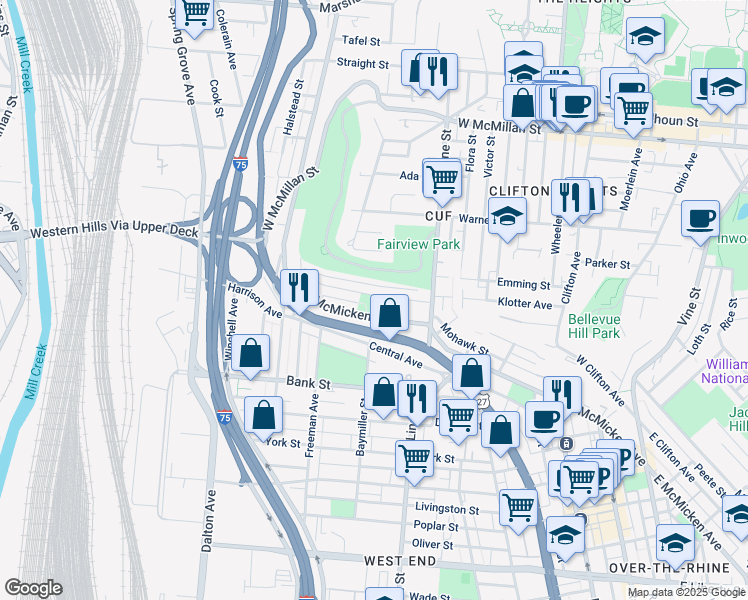 map of restaurants, bars, coffee shops, grocery stores, and more near 460 Conroy Street in Cincinnati