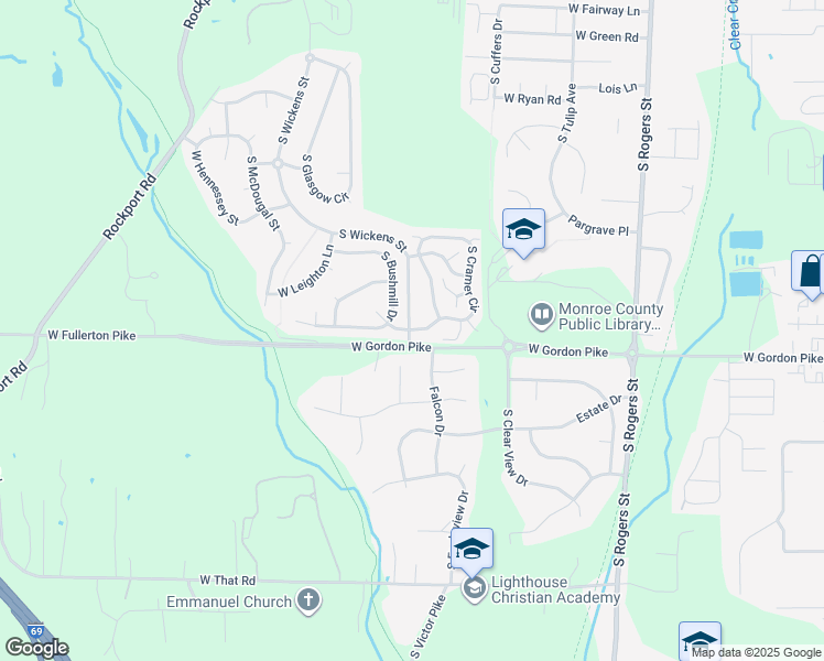map of restaurants, bars, coffee shops, grocery stores, and more near 3883 South Bushmill Drive in Bloomington