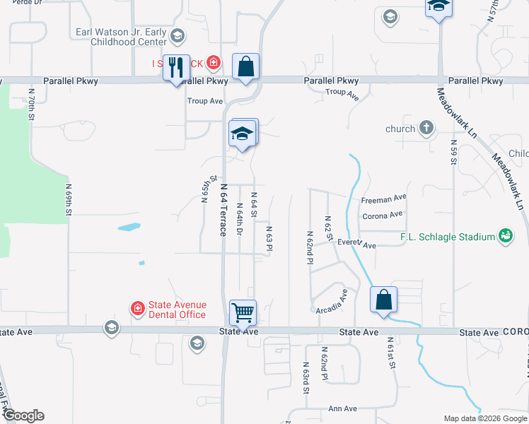 map of restaurants, bars, coffee shops, grocery stores, and more near 1603 North 64 Street in Kansas City
