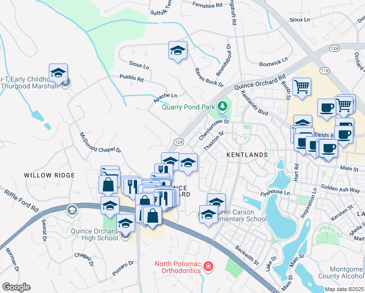 map of restaurants, bars, coffee shops, grocery stores, and more near 120 Ridgepoint Place in Gaithersburg