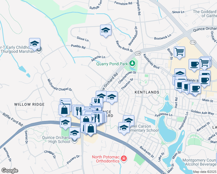 map of restaurants, bars, coffee shops, grocery stores, and more near 120 Ridgepoint Place in Gaithersburg