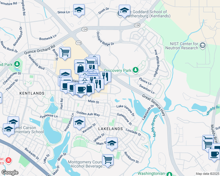 map of restaurants, bars, coffee shops, grocery stores, and more near 107 Bucksfield Road in Gaithersburg
