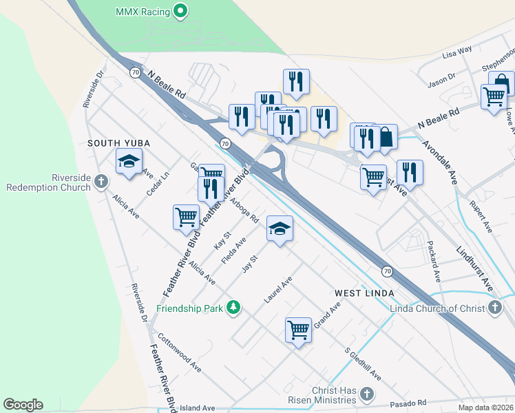 map of restaurants, bars, coffee shops, grocery stores, and more near Feather River Blvd in Linda