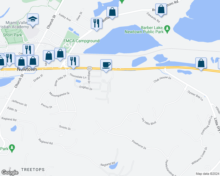 map of restaurants, bars, coffee shops, grocery stores, and more near 7407 Ivy Hills Place in Newtown