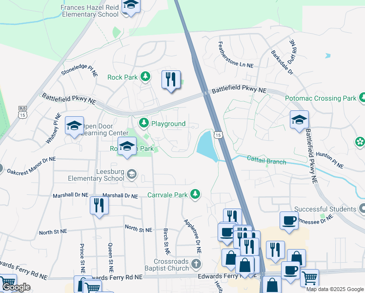 map of restaurants, bars, coffee shops, grocery stores, and more near 554 Radford Terrace Northeast in Leesburg