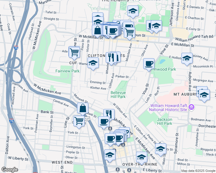 map of restaurants, bars, coffee shops, grocery stores, and more near 2143 West Clifton Avenue in Cincinnati