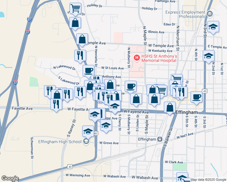 map of restaurants, bars, coffee shops, grocery stores, and more near 999 West Franklin Avenue in Effingham
