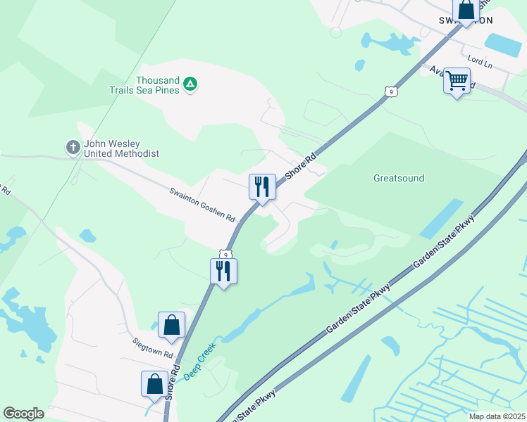 map of restaurants, bars, coffee shops, grocery stores, and more near 301 West Hampton Court in Cape May County