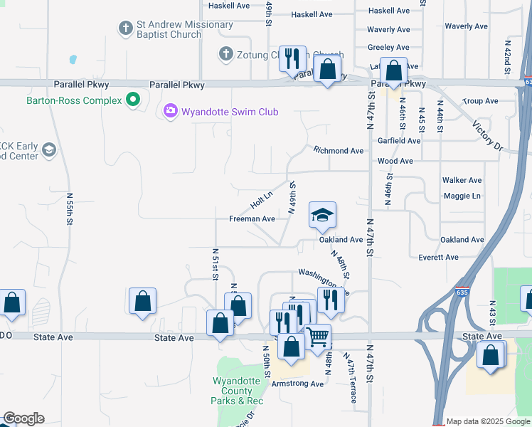 map of restaurants, bars, coffee shops, grocery stores, and more near 1632 Holt Lane in Kansas City