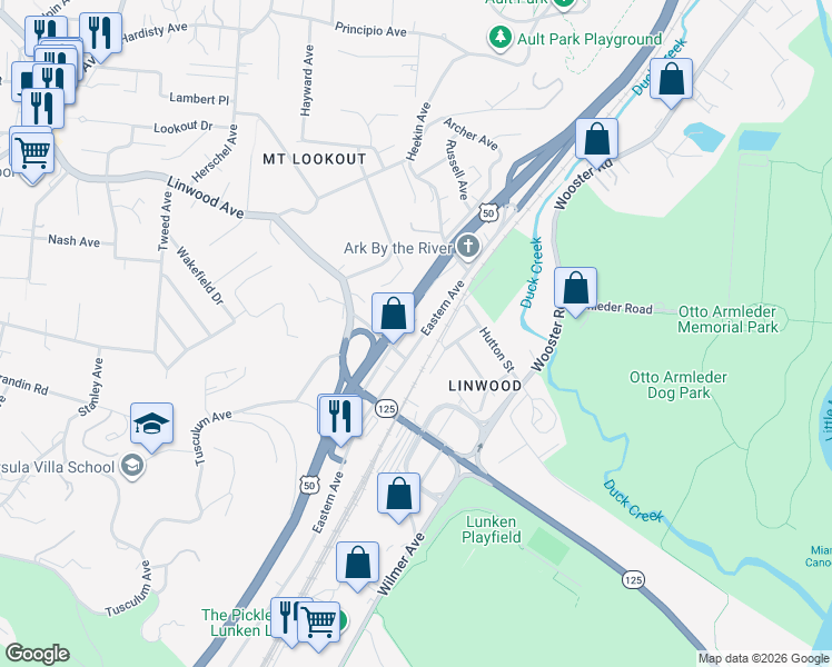 map of restaurants, bars, coffee shops, grocery stores, and more near 4836 Eastern Avenue in Cincinnati