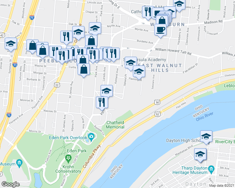 map of restaurants, bars, coffee shops, grocery stores, and more near 2315 Upland Place in Cincinnati