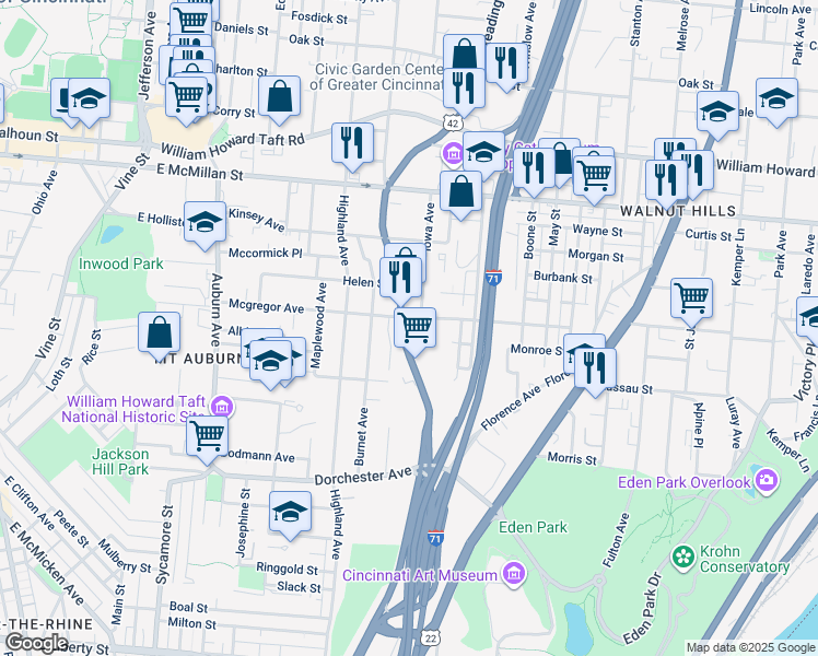 map of restaurants, bars, coffee shops, grocery stores, and more near 2330 Reading Road in Cincinnati