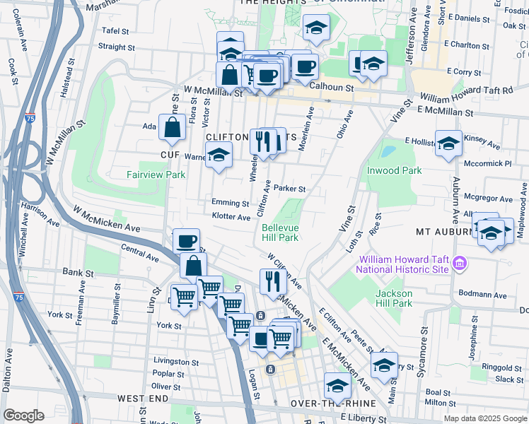 map of restaurants, bars, coffee shops, grocery stores, and more near in Cincinnati