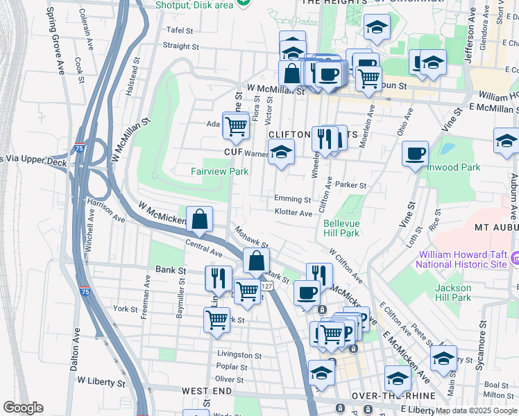 map of restaurants, bars, coffee shops, grocery stores, and more near 276 Emming Street in Cincinnati