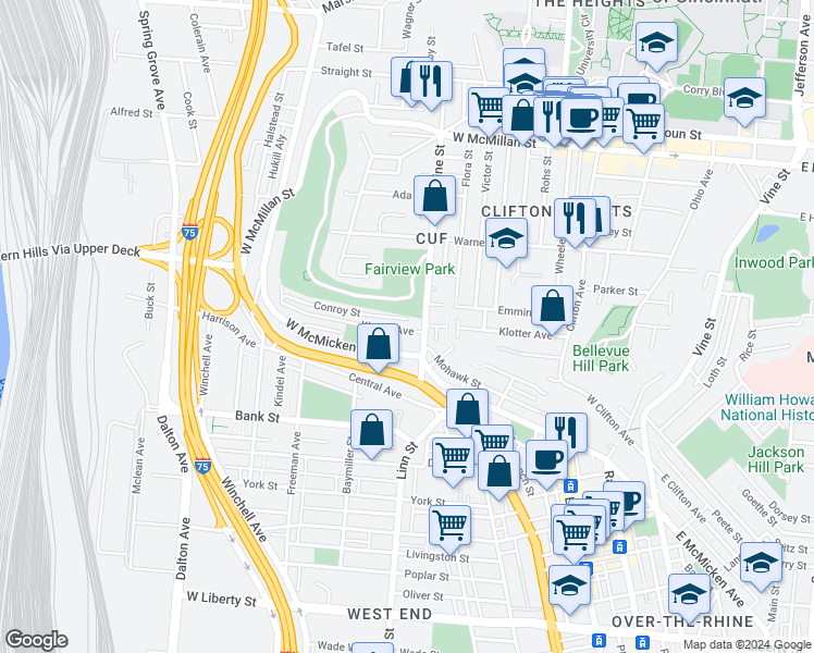 map of restaurants, bars, coffee shops, grocery stores, and more near in Cincinnati