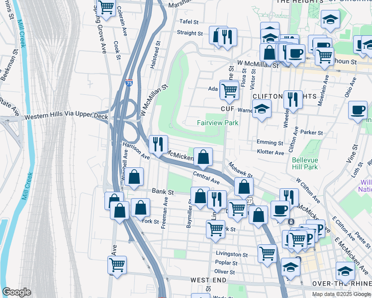 map of restaurants, bars, coffee shops, grocery stores, and more near 524 Conroy Street in Cincinnati