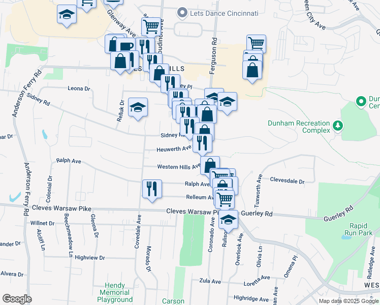 map of restaurants, bars, coffee shops, grocery stores, and more near 4912 Heuwerth Avenue in Cincinnati
