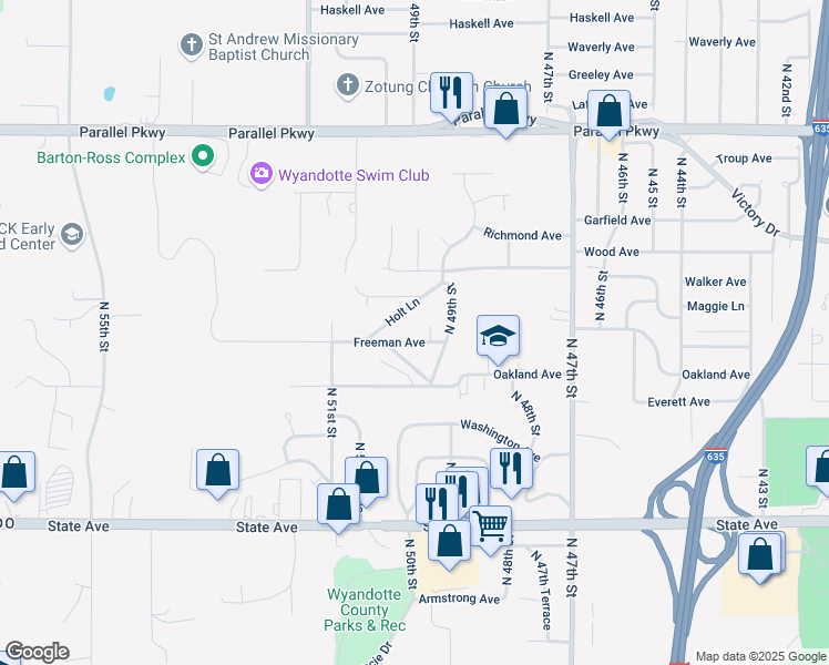 map of restaurants, bars, coffee shops, grocery stores, and more near 1657 Holt Street in Kansas City