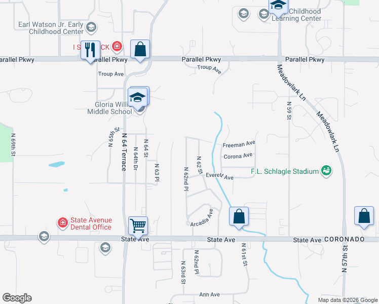 map of restaurants, bars, coffee shops, grocery stores, and more near 1530 North 62nd Place in Kansas City