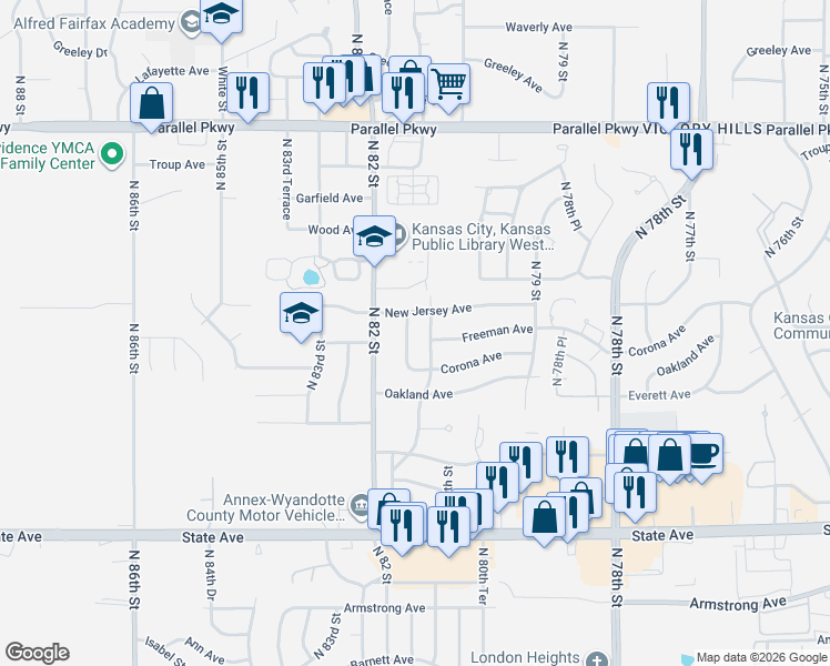 map of restaurants, bars, coffee shops, grocery stores, and more near 1609 North 81st Terrace in Kansas City