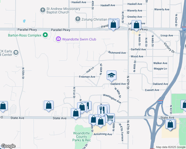 map of restaurants, bars, coffee shops, grocery stores, and more near 1657 Holt Street in Kansas City