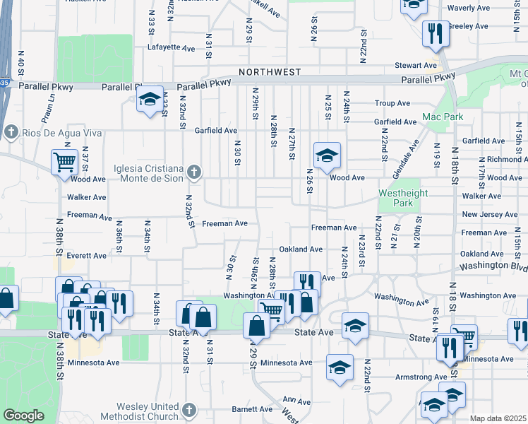map of restaurants, bars, coffee shops, grocery stores, and more near 2803 New Jersey Avenue in Kansas City