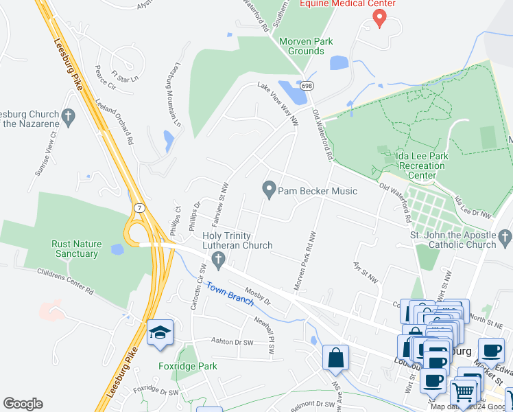 map of restaurants, bars, coffee shops, grocery stores, and more near 205 Wilson Avenue Northwest in Leesburg