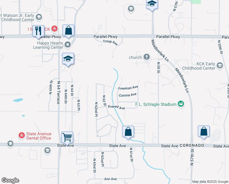 map of restaurants, bars, coffee shops, grocery stores, and more near 1600 North 61st Terrace in Kansas City