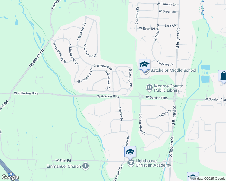map of restaurants, bars, coffee shops, grocery stores, and more near 3883 South Bushmill Drive in Bloomington