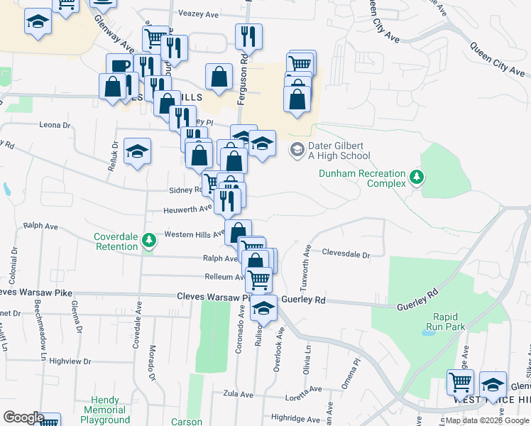 map of restaurants, bars, coffee shops, grocery stores, and more near 4868 North Overlook Avenue in Cincinnati