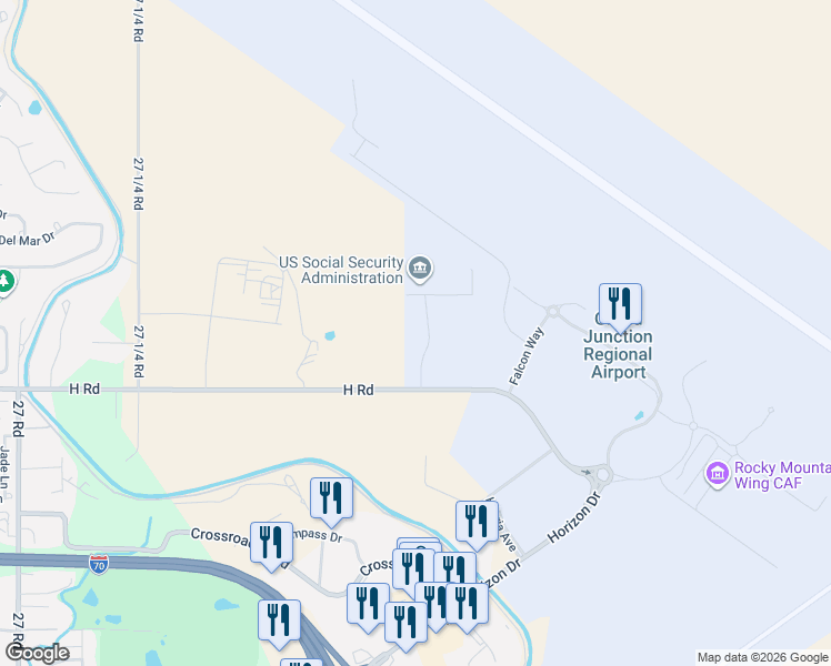map of restaurants, bars, coffee shops, grocery stores, and more near 821 N Crest Dr in Grand Junction