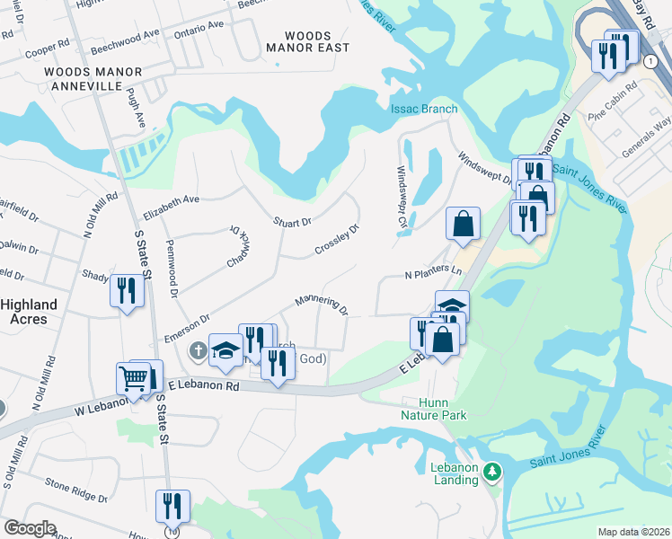 map of restaurants, bars, coffee shops, grocery stores, and more near 15 Crossley Drive in Dover