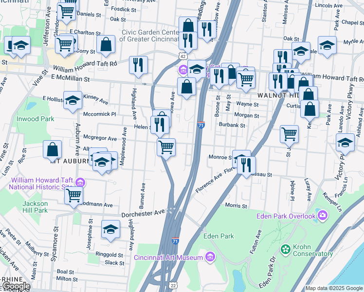 map of restaurants, bars, coffee shops, grocery stores, and more near 434 Mcgregor Avenue in Cincinnati