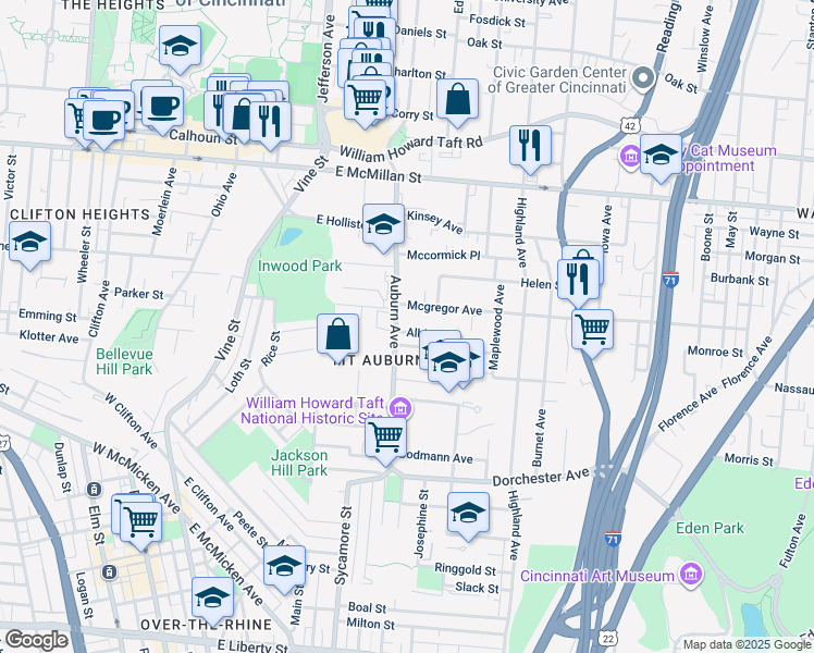 map of restaurants, bars, coffee shops, grocery stores, and more near in Cincinnati