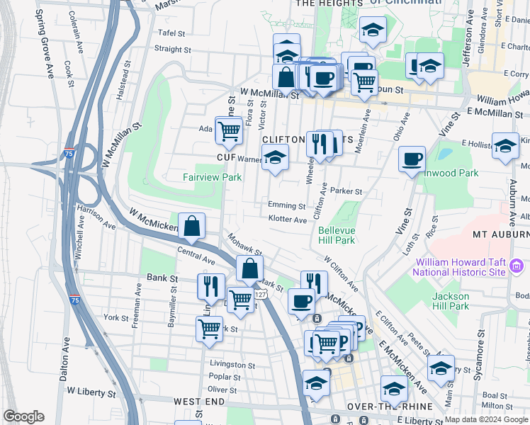 map of restaurants, bars, coffee shops, grocery stores, and more near 276 Emming Street in Cincinnati