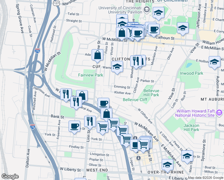 map of restaurants, bars, coffee shops, grocery stores, and more near 276 Emming Street in Cincinnati