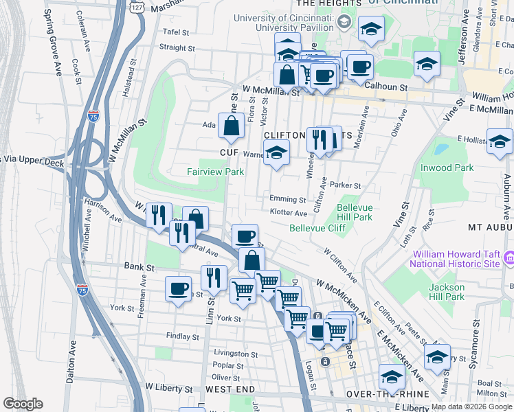 map of restaurants, bars, coffee shops, grocery stores, and more near 276 Emming Street in Cincinnati