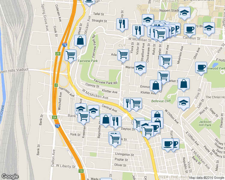 map of restaurants, bars, coffee shops, grocery stores, and more near in Cincinnati